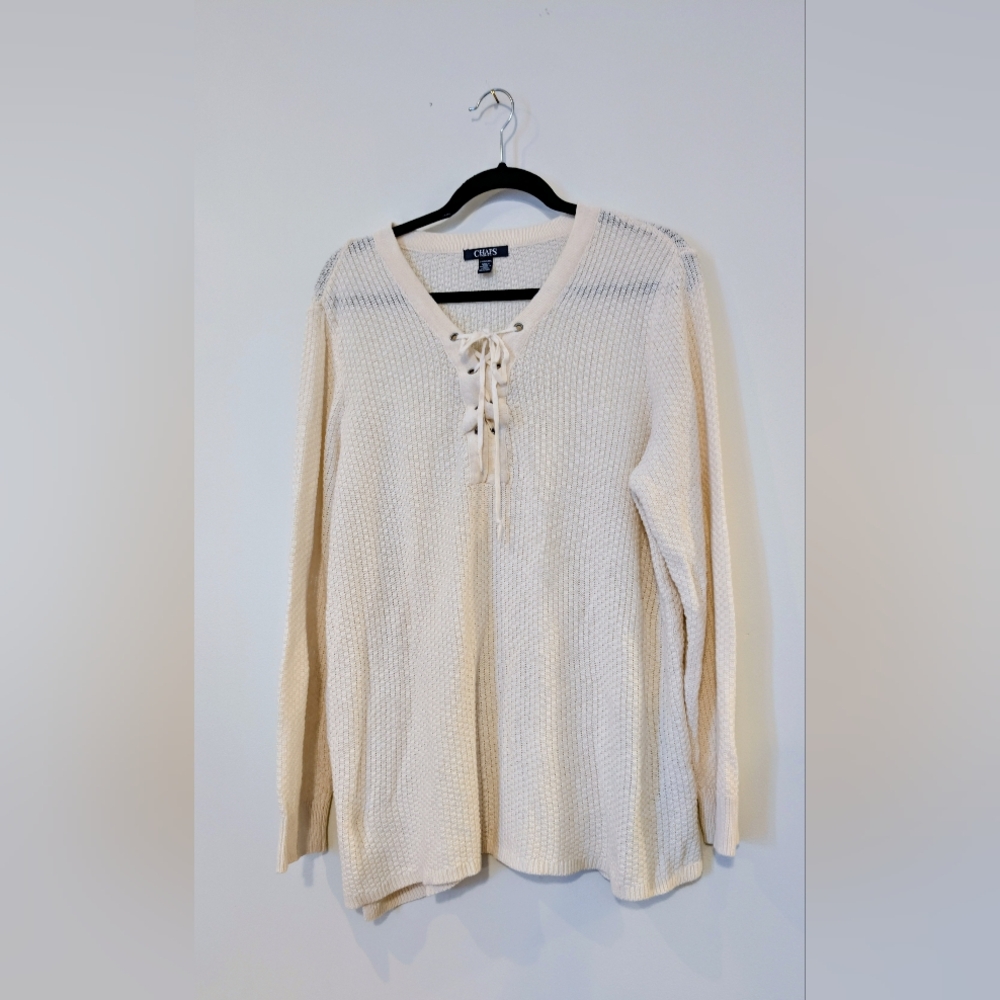 CHAPS Denim Cream Lace-Up Knit Sweater | Linen / Cotton | 2X